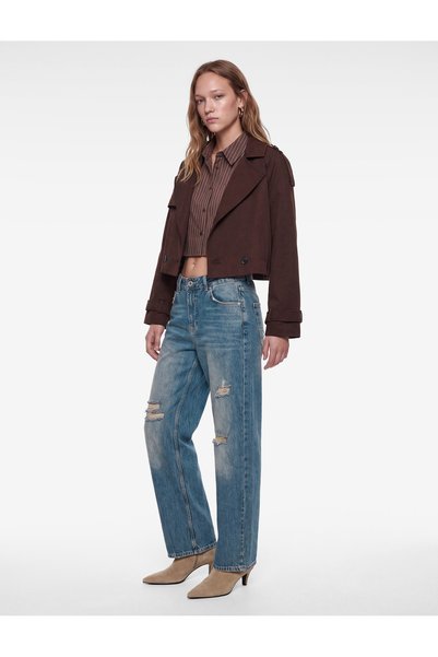 Koton Distressed Straight-Leg Buttoned Cotton Baggy Denim Trousers with Pocke...