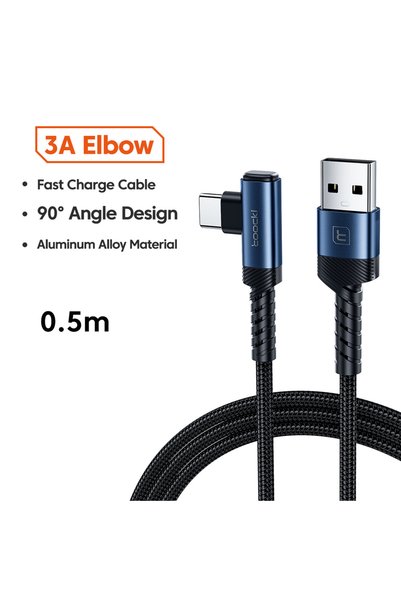 Toocki 2 Pack 0.5m Blue 90° Elbow USB A to Type C Cable 3A QC3.0 Blue Aluminu...