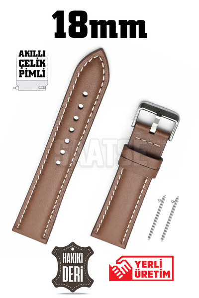 Saatse 18mm Light Brown Tan Genuine Leather Watch Band Strap with Smart Pins