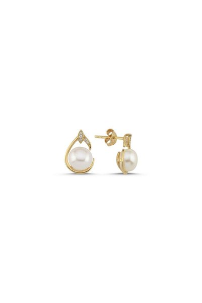 birinci 1926 14 Ayar Altın 6 mm Zirkon Taşlı Doğal İnci Küpe BVRTZ106438