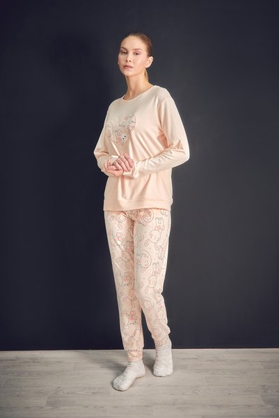 Fulla Moda Rabbit Embroidered Crew Neck 2 Piece Pajamas Set