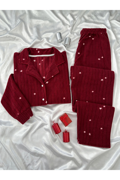 Lena Homewears Burgundy Star Patterned Buttoned Fleece Pajama Set