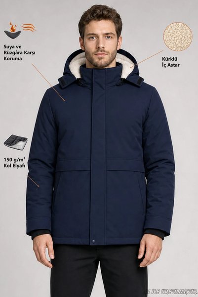 Freemen Men's Navy Blue Ribbed Coat with Fur Inside the Hood, Water and Wind ...