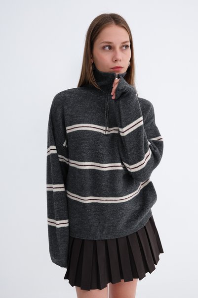 Addax Zippered Collar Knitwear Sweater K3576