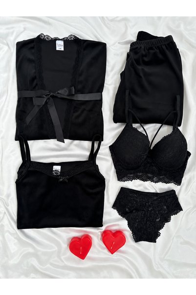 Lena Homewears Siyah İç Çamaşılrı Kadife Sabahlıklı Kadın Pijama Seti