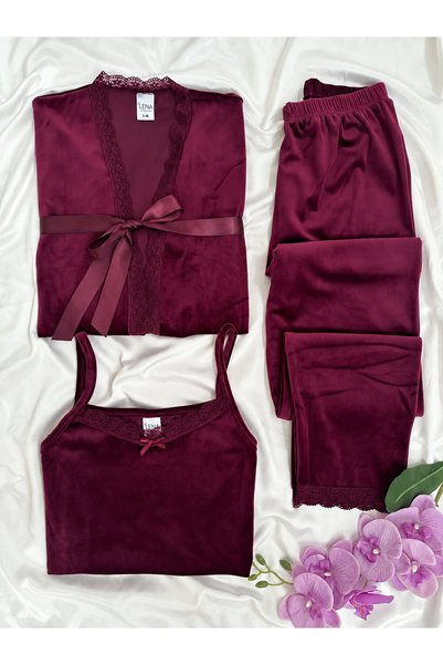 Lena Homewears Plum Velvet Women's Pajamas Set with Dressing Gown