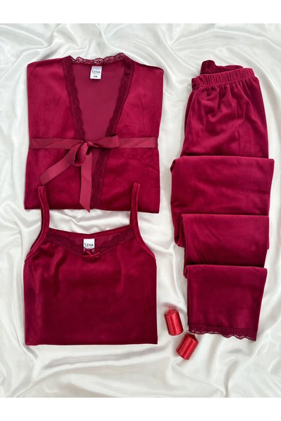 Lena Homewears Γυναικείο Σετ Πυτζάμες Βουργουνδίας Βελούδινο Peignoir