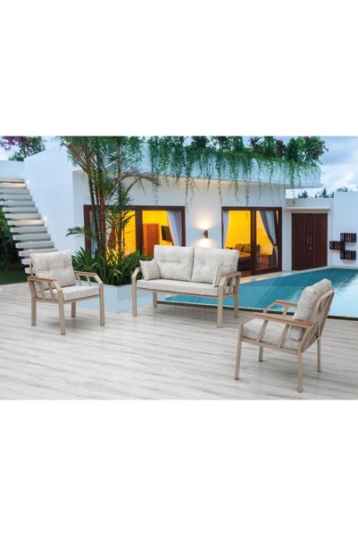 Tu Tienda NERGİZ 2+1+1 BALKON MUTFAK BAHÇE TAKIMI,KAPİÇİNO METAL / KREM KUMAŞ