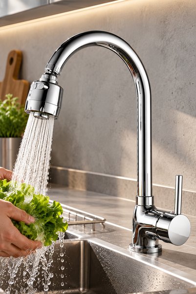 KUSTAR 3 Fonksiyonlu Oynar Başlıklı Krom Çubuk Kol Mutfak Evye Bataryası