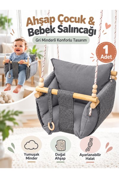 SerSev Ahşap Çocuk & Bebek Salıncağı Gri Renk Minder Yastık ve Diş Halkalı Ta...