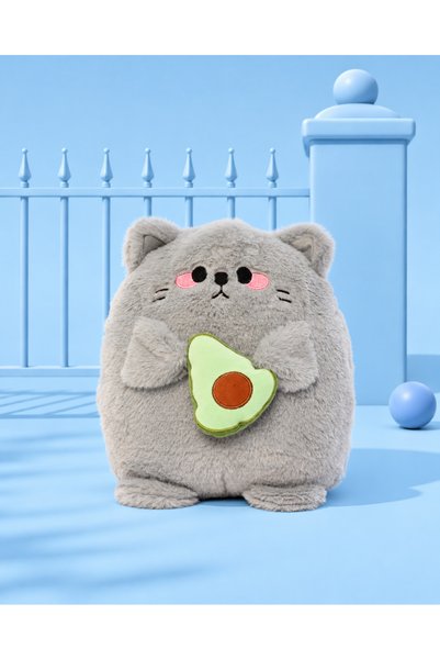 Pufu Toys 30 Cm Yumuşak Yastık Avokadolu Kedi Peluş Oyuncak Oyun Arkadaşı Gri