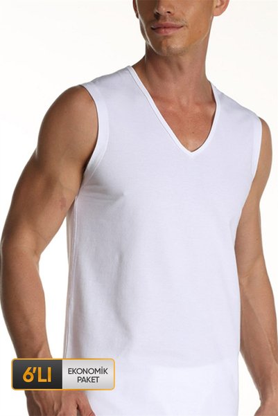 Çift Kaplan Men's elastane v-neck sleeveless white undershirt 0924 pack of 6