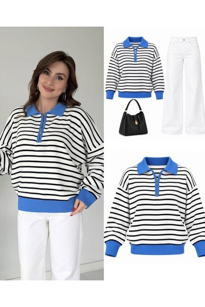 DAMGA Collection Zipper Collar Detailed Striped Long Sleeve Knitwear Sweater