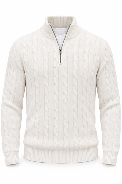 Valiberta Bardem Men's Half-Zip Cable-Knit Sweater - Ecru