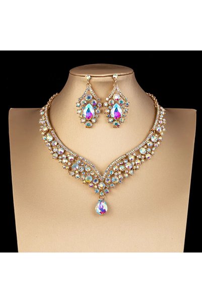 Choice Gold Luxury Crystal AB Color Choker Necklace Earrings Set Rhinestone B...
