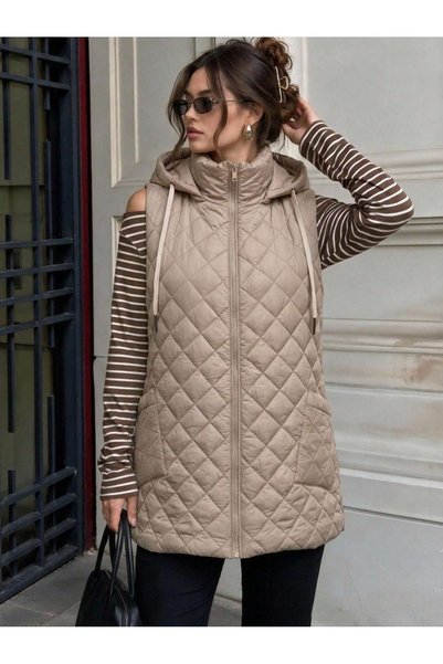 minshe Quilted Hooded Inflatable Vest – Beige