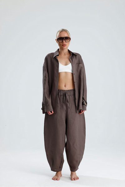 GACA COLLECTION Yellow Linen Carrot Pants Shirt Brown Suit