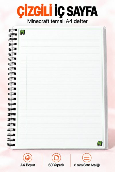 Morinna Minecraft Temalı A4 Spiralli Defter 60 Yaprak Kareli veya Çizgili Sayfa Seçenekli Okul Ders Defteri DFT-02