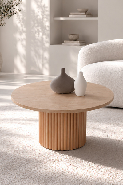 indes home Mona Yuvarlak 70cm çapında Natural Renk Ahşap Orta Sehpa