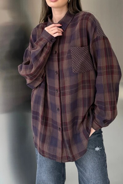 Suziş Dark Brown Plaid Patterned Oversize Shirt Per5163