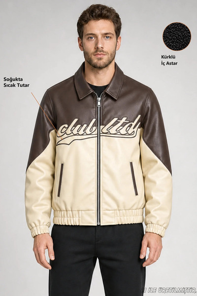 Freemen Men's Cream Double Color Oversize Faux Leather Jacket with Fur Inside
