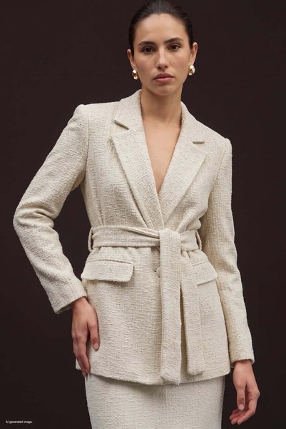 Sateen Jachetă din tweed cu curea - Stone