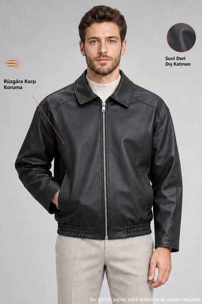 Freemen Men's Black Oversize Zippered Faux Leather Coat with Elastic Waist De...