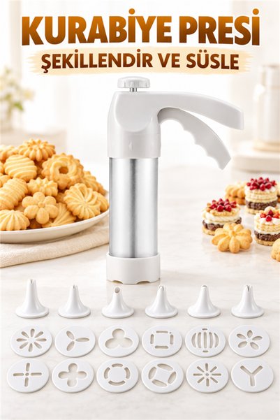 mucit home Pratik Kurabiye Ve Bisküvi Yapma Makinesi 18 Parça Krema, Kurabiye Pasta Şekillendirici Pompa Seti