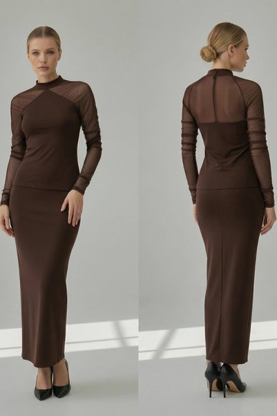 DIANNA Women's High Neck Ribbed Blouse with Tulle Detail on the Sleeves