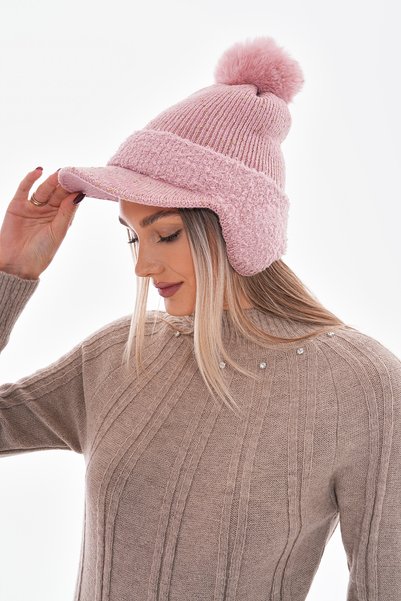Axesoire 14663 Ponponlu Kulak Kapatıcılı Siperli Pembe Kep Şapka