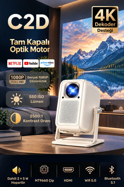 OBE C2D 650 ANSI Lümen 4K Destekli Netflix Sertifikalı 180 Derece Dönebilen O...