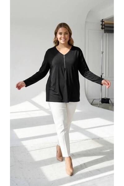 Koza Butik Women's Half Zipper Detailed Plus Size Blouse 1387-23