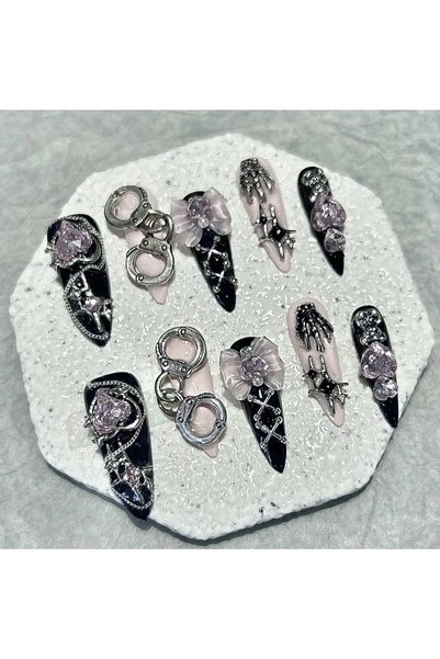 choice2 M 10Pcs Handmade Nails Black Pink Long Pointed False Nails Y2K Sweet ...