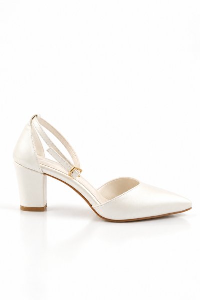 moon glow Women's Cream Pointed Toe 6 cm Thick Heeled Ankle Strap Wedding Dress Wedding Engagement Wedding Shoes