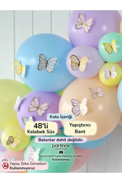 partince 48 Adet Kelebek Süs Soft Makaron Pale Renkli Doğum Günü Süsü