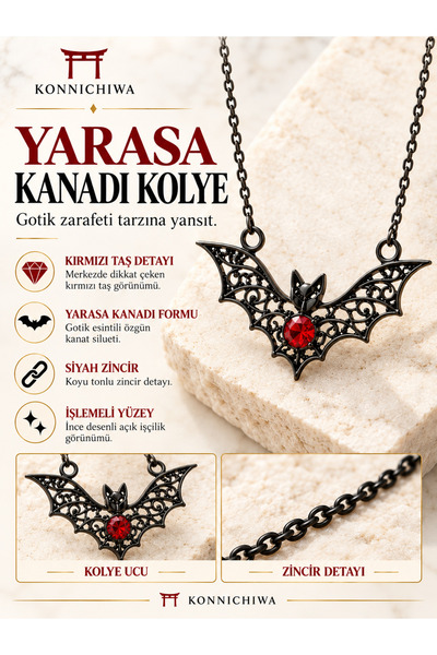 FG KONNİCHİWA 🦋 Gotik Kelebek ve Haç Kolye – Kırmızı Kristal Detaylı Tarzını...