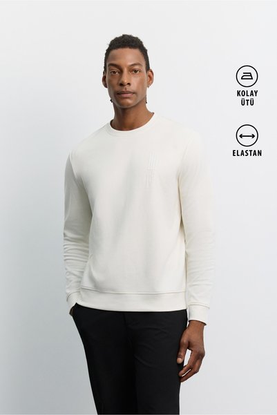 Avva Men's Ecru Crew Neck Silicone Printed Interlock Sweatshirt A62Y1297