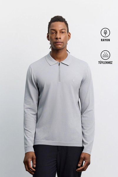 Avva Men's Gray Polo Neck Zippered Rayon Non-Pilling Basic Knitwear Regular F...