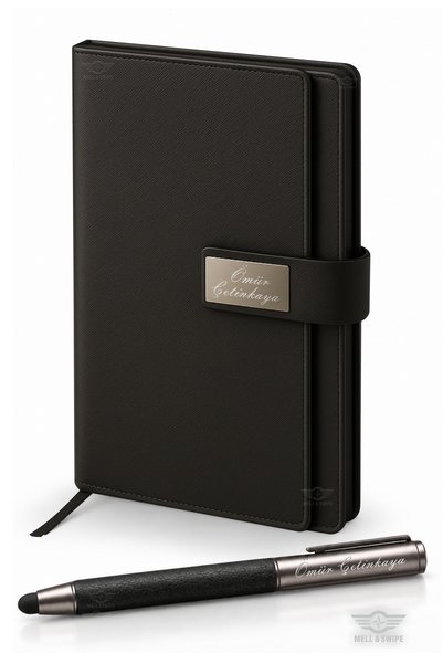 MELL & SWIPE Kişiye Özel Kalem Not Defteri Ajanda Isim Baskılı Set Touchpen Siyah Termo Deri Kartvizitlikli Set Öğretmenler Günü Hediyesi