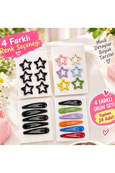 ModaRESSO 4 Farklı Model 24 Adet Renkli Şekilli Çıtçıt Saç Tokaları - 6'lı Se...