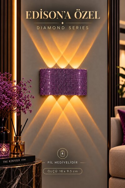 Edison Pilli Aplik Kablosuz LED Duvar Lambası Mor Kristal Taşlı Dekoratif Ayd...