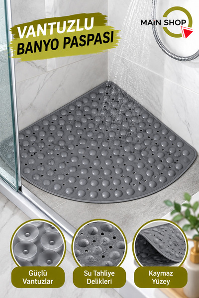 MAİN SHOP Corner Bath and Shower Mat - 54 X 54 cm Gray Non-Slip Mat with Suct...