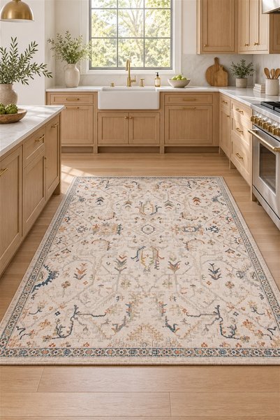 ALA RUGS Etnikan Krem Yumuşak Dokulu Vintage Etnik Desenli Mutfak Halısı