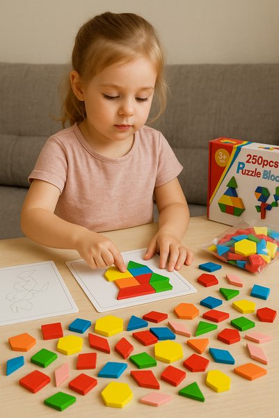 RCO Joc educativ, Tangram cu 250 piese geometrice din lemn si fise de lucru, ...