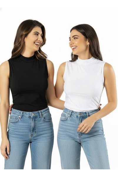 lusi store Turtleneck Body Tank Top Basic Blouse Tank Top 2-Piece Set Black-W...