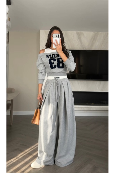 Genel Markalar Kadın Brooklyn 83 Baskılı Crop Sweatshirt Bol Paça Eşofman Takımı