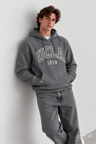 UCLA Ανδρικό φούτερ JEPSEN σκούρο γκρι με κουκούλα κεντημένο επένδυση fleece ...