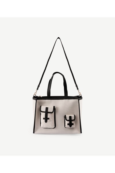 Yargıcı Leather Garnished Canvas Shoulder Bag with Pocket Detail
