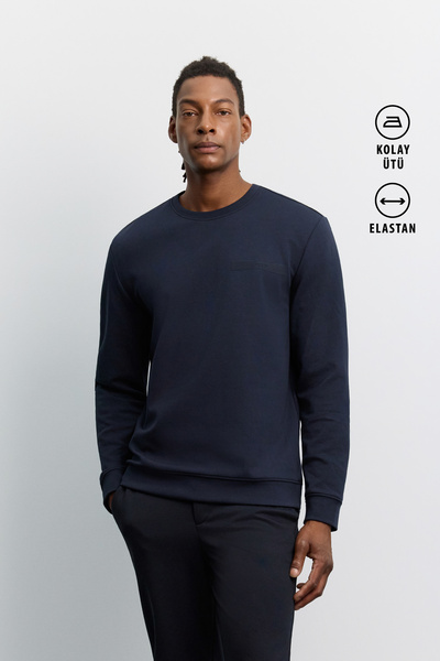 Avva Men's Navy Blue Crew Neck Easy-Iron Printed Cotton Regular Fit Sweatshir...