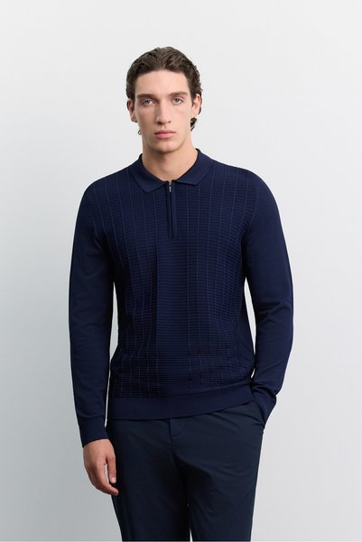 Avva Men's Navy Blue Polo Collar Zippered Rayon Blended Regular Fit Knitwear ...